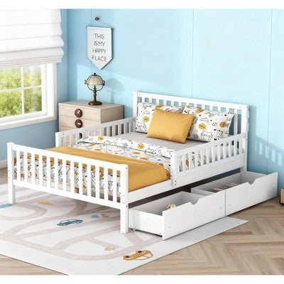 TiramisuBest Full Kids Bed Frame, Toddler Bed with Guardrails and 2 Storage Drawers Solid Wood Platform for Minimalist Bedroom, White