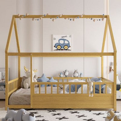 CAVINAS Pine Wood House Floor Bed, Kids Platform Bed Frame, High Fence Safety Bed with Roof, Classic Twin Size Toddler Bed/Child Bed, Easy Assembly