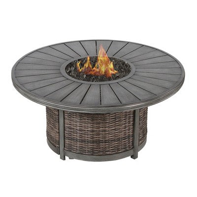 Mondawe 25" H x 52" W Outdoor Wicker Propane Brown Fire Pit Table for Patio Backyard