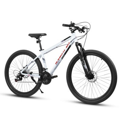 NAYSAYE Bicycle 27 Inch Mountain Bike with 21 Speed Shifter Suspension Fork and Disc Brakes for Men and Women, White, 53.54"*7.68"*28.35"
