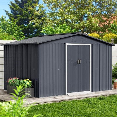 Acekool 10x10 FT Metal Outdoor Storage Shed, Large Garden Tool Shed with Lockable Sliding Door, Vents, Sloped Roof, Waterproof for Backyard, Gray