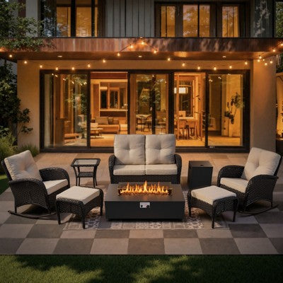 Belord All Weather Wicker Small Patio Furniture Set, Outdoor Firepit Set with Glider Loveseat, Rocking Chair, Firepit Table and Ottoman