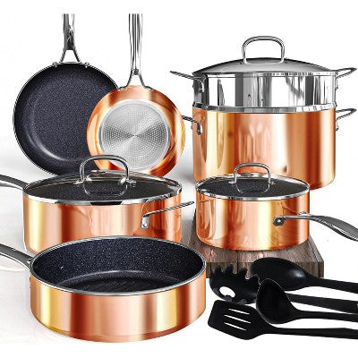 Aoibox Deluxe 14PC Healthy Pots and Pans Set with 9H Anti-Scratch Coating,2-Layer Non-Stick Ceramic&PFAS Free,Even Induction Cooking,Infrared Cookware