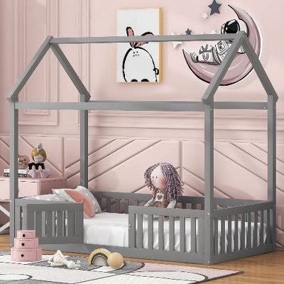 CAVINAS Play-Friendly Kids House Platform Bed Frame – Whimsical Sky Roof & Guardrail with Door, Solid Pine Wood Floor Bed, Twin Size Toddler Bed