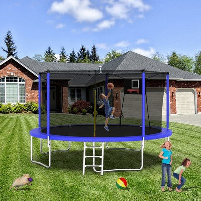 YUHAO Kids Sports Fitness Trampolines with Enclosure Net，Recreational Trampolines Outdoor Toys，14FT Blue