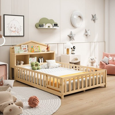 Gulches Full-size Montessori Floor Bed with Bookcases and Blackboards, Versatile Platform Beds , Solid Wood Floor Beds with Storage Headboards,Natural