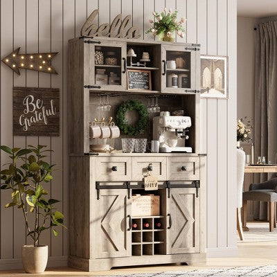 Farmhouse Coffee Bar Cabinet, 72" Tall Kitchen Hutch with 2 Sliding Barn Doors, 3 Drawers, Wine & Glass Rack, Pantry Storage Cabinets, Oak Grey