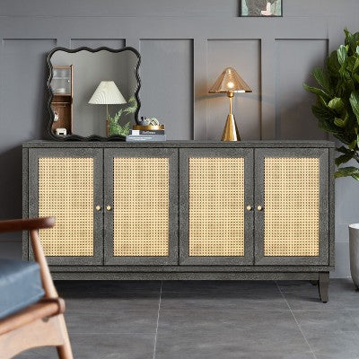 Kumasinova 59.8 Inch Rattan Storage Cabinet,Sideboard Cabinet with 4 Rattan Doors and Adjustable Shelves for Living Room,Kitchen,Entryway