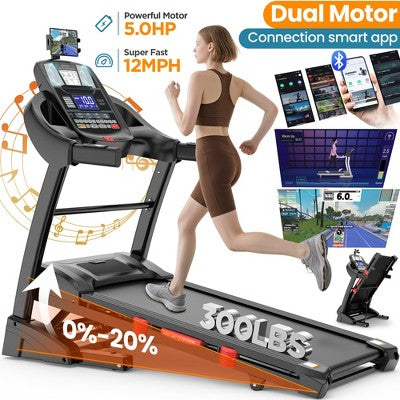 Dual Motor 5HP Folding Electric Treadmill for Home,Durable Running Machine with 15% Auto Incline,400LBS Capacity,Quiet Compact Walking Pad Treadmill