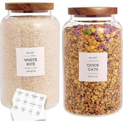 Two large 98 fl oz/2800 ml glass jars with sealed acacia wood lids (includes 132 storage tags).