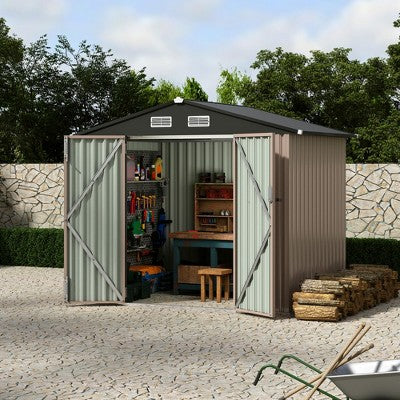 Storage Shed Outdoor - 6x8 FT Resin Plastic Garden Shed with Lockable Door, All-Weather PVC Backyard Storage with Window & Vents