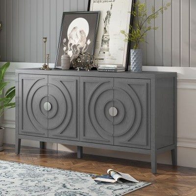 Kumasinova 4-Door Sideboard Cabinet, Retro Storage Cabinet with Circular Groove Design Round Metal Door Handle, Buffet Cabinet for Entrance