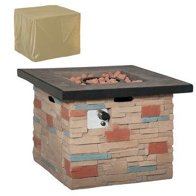 32 Inch Outdoor Propane Gas Fire Pit Table,50,000 BTU Auto-Ignition Square Faux Ledge Stone Gas Firepit with Lava Rocks and Rain Cover
