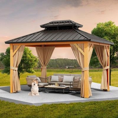 Gazebo with Hardtop Double Roof Canopy - Galvanized Iron Frame, Netting & Curtains, Perfect