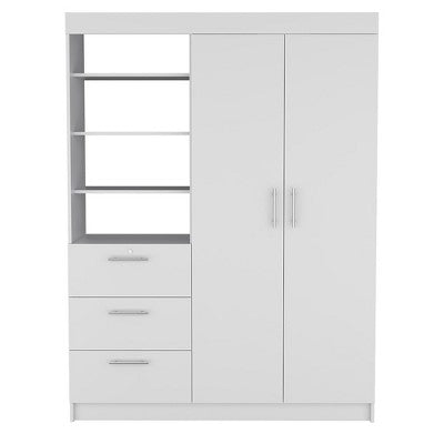 Tiramisubest 3 Drawers Armoire, Double Door, 3-Tier Shelf -White