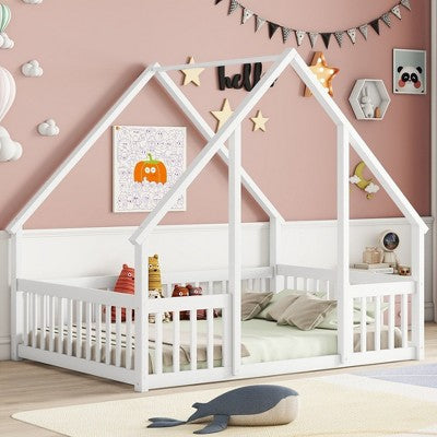 CAVINAS Twin Size Wood Montessori Bed with Guardrails and Slats,Modern Tent-Shaped Floor Bed Frame with Door,Toddler Bed for Bedroom