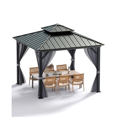 12'x12' hardtop gazebo for all weather with double metal roof, aluminum alloy frame, net, and curtain; perfect for patio, deck, and backyard. Gray.