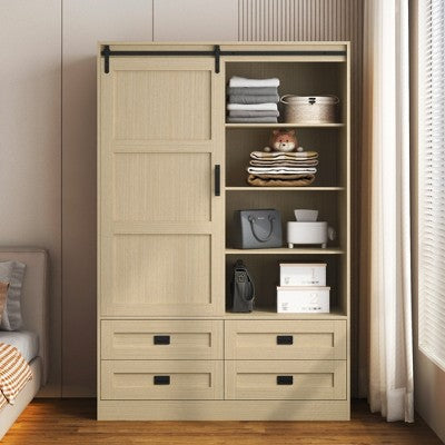 GDFStudio Dejon Wood Armoire Wardrobe with Sliding Barn Door, Hanging Rod, 4 Drawers and 3 Open Shelves