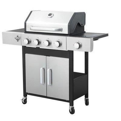 CAVINAS 5-Burner Propane Gas BBQ Grill,46790BTU Output Outdoor Grill with Side Burner&Foldable Side Table,Enameled Cast Iron Cooking Grids,Black