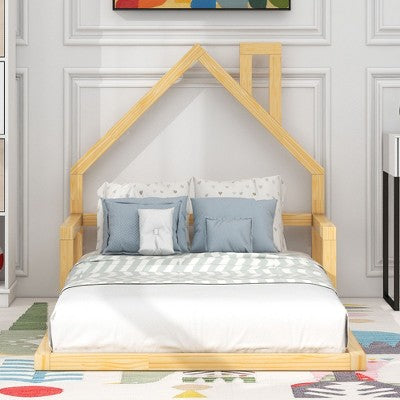Okak Twin/Full Size Bed Frame with House-Style Headboard & Guardrails,Modern Floor Bed for Toddlers/Kids Bedroom