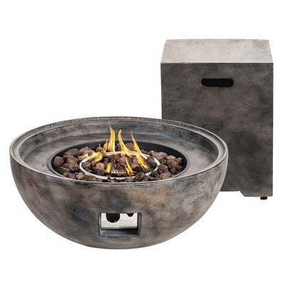 Kinger Home Stonebridge MGO Concrete Fire Pit Bowl 31-Inch Round Propane Gas Fire Bowl Includes Side Table