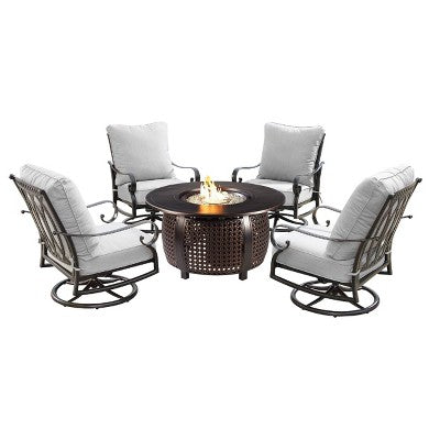 5pc Set with 44" Round Outdoor Aluminum Fire Table & Four Swivel Rocking Chairs & Wind Blocker Lid - Oakland Living: Weather-Resistant