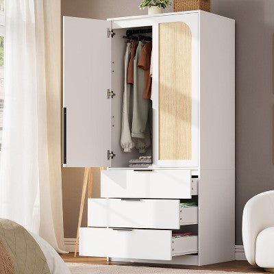 Acekool 70" Rattan Door Wardrobe - Standing Closet with 3 Drawers & Hanging Rod (White/Black/Wood color)