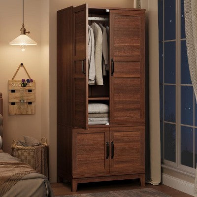 Coucheta 72" Tall 4-Door Wardrobe Closet, Freestanding Wooden Armoire with Hanging Rod & Adjustable Shelves, Rustic
