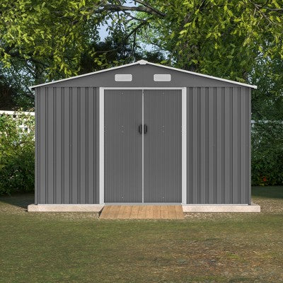 LOVSON 10X8 FT Outdoor Storage Shed, Metal Foundation & Lockable Doors, Tool Shed for Garden, Patio, Backyard, Lawn, Grey