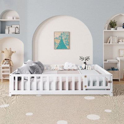 CAVINAS Multi-Functional Kids Montessori Floor Bed Frame, Sturdy Pine & Plywood Platform Bed Frame with Fence & Door, Full Wooden Toddler Bed