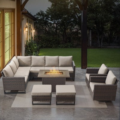 POCASSY 8 Piece Outdoor Sectional Patio Furniture Set, All Weather Brown Wicker Outdoor Furniture Set with Swivel Chair and 41" Propane Fire Pit