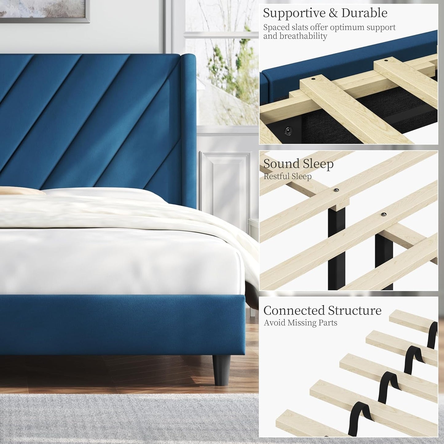 Queen Bed Frame Upholstered Platform Bed with Wing Side/Wooden Slat Support/Tufted Headboard with Wing Side/Mattress Foundation/No Box Spring Needed,Blue Queen Bed
