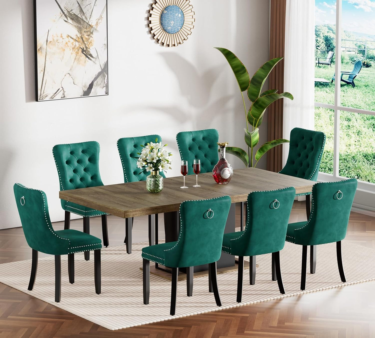 Farmhouse Extendable Dining Room Table Set for 8, 9-Piece Rectangle Kitchen Dining Room Table Set with Wood Base and 8 Green Velvet Dining Chairs, Extending Kitchen & Dining Table Set