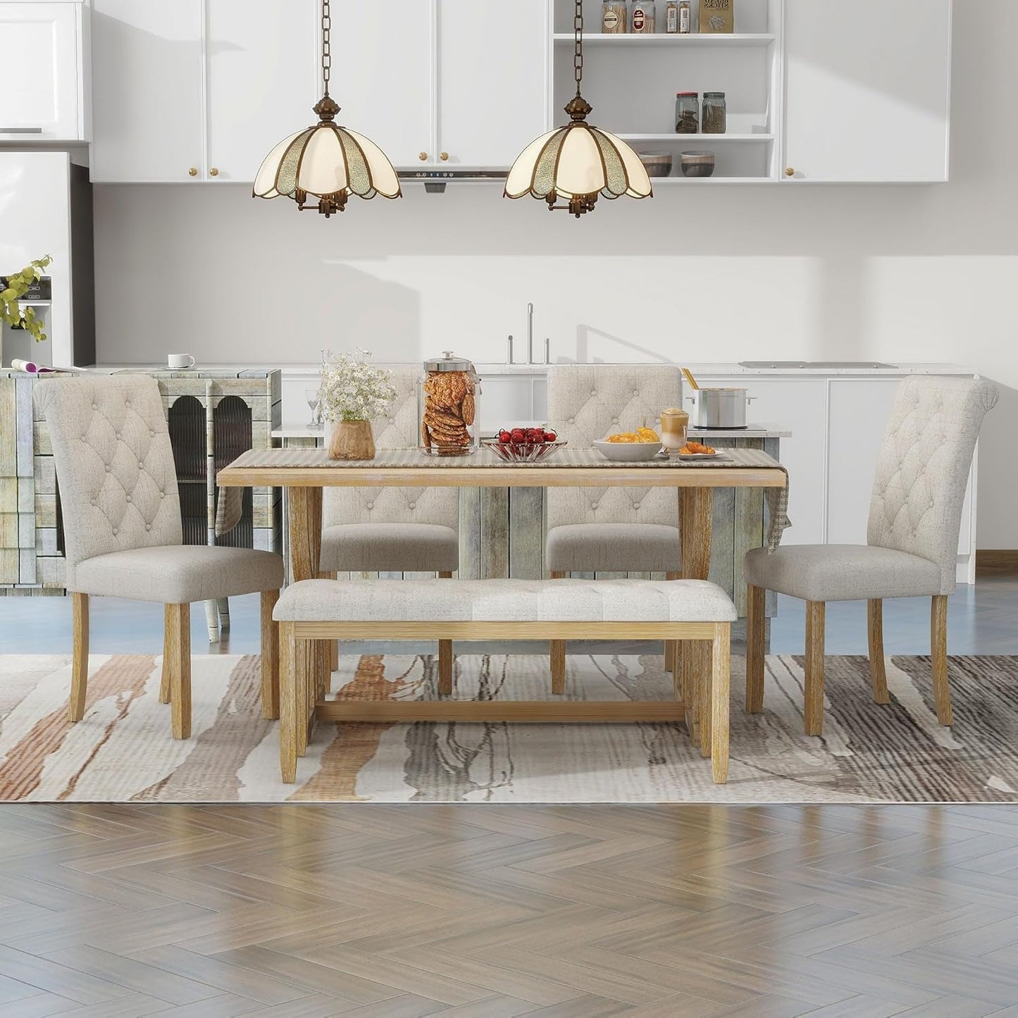 Solid Wood Kitchen Dining Room Table Set with Bench and Chairs for 6 Persons, Dining Table Set with with Rectangulars Table and Upholstered Seat, Natural Wood Wash