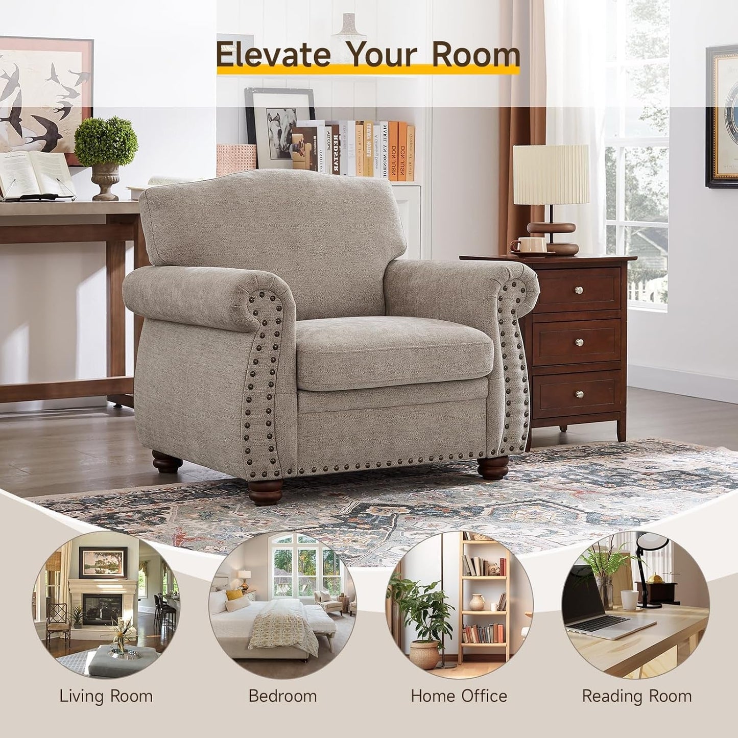 Nailhead Trim Armchair, Rolled Arm Accent Chair for Living Room, Comfy Chenille Club Sofa Chair W/Springs Cushions & Wood Legs, Traditional Single Couch Chair for Apartment, Farmhouse, Beige