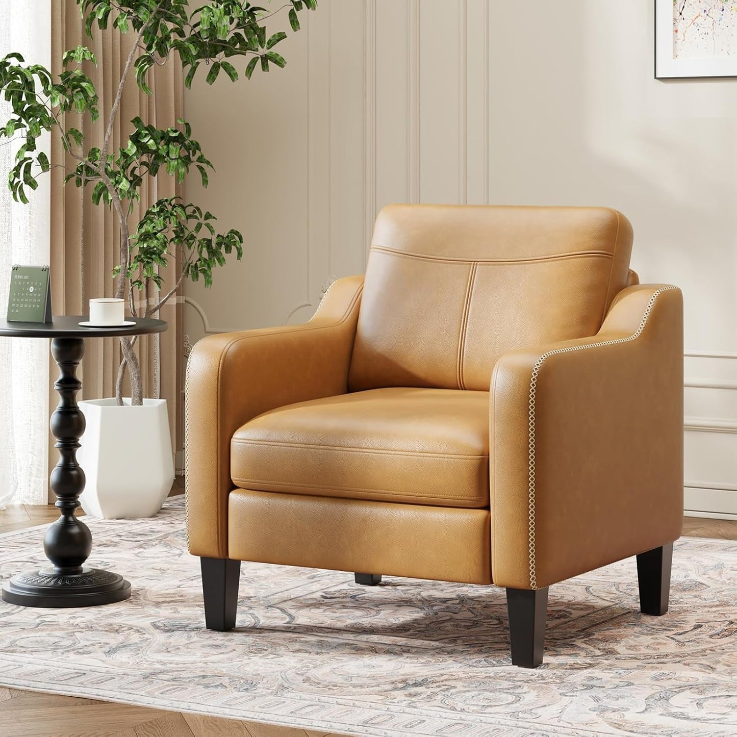 PU Leather Accent Chair, Mid-Century Modern Living Room Armchair Sofa with Removable Cushions, Solid Wood Frame & Stitched Armrest Design, Bedroom Chair with Plastic Legs, Brown