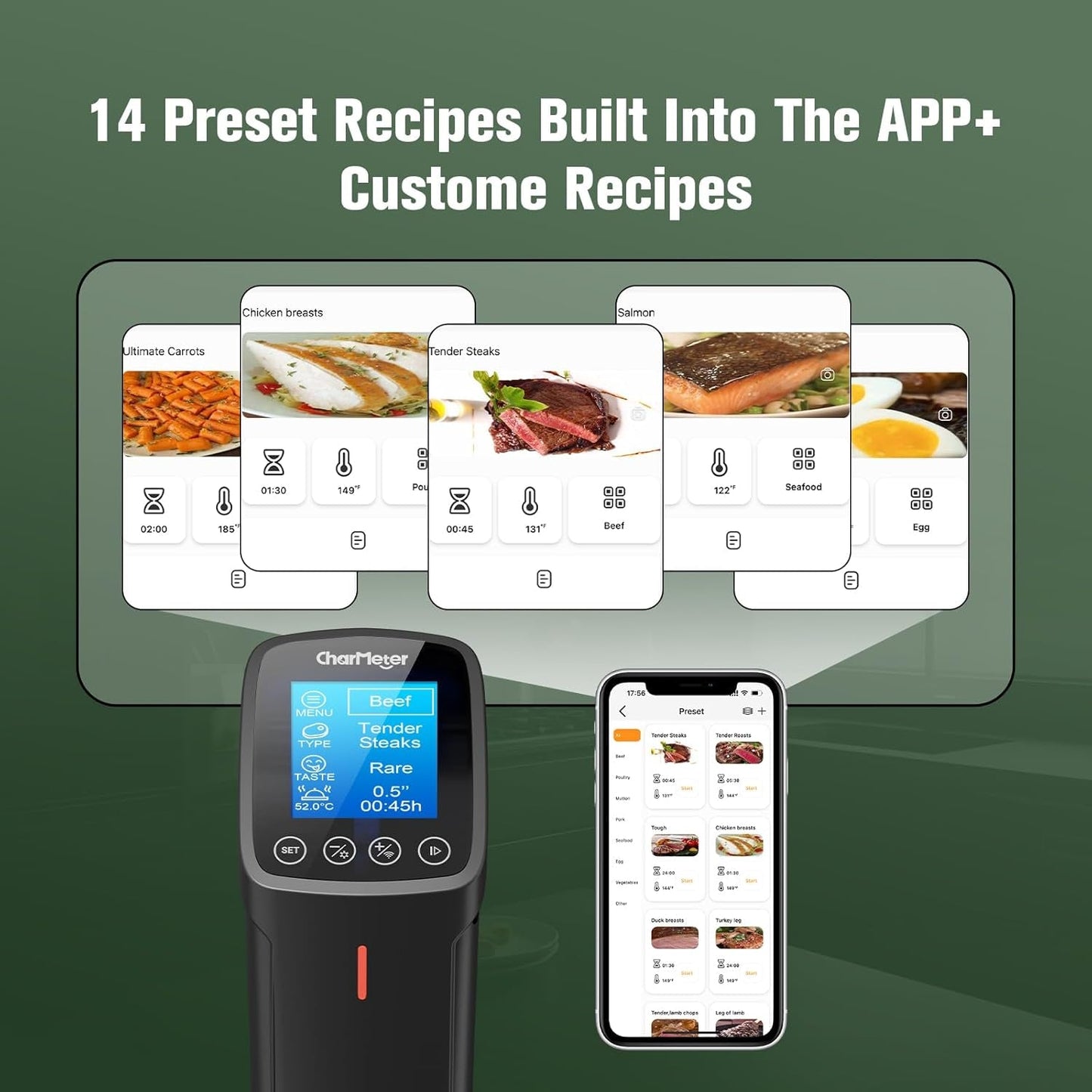 Sous Vide Machine CSV-100-W, 2.4G Wifi Sous Vide Cooker 1000 Wattts Sous-Vide Cooker Immersion Circulator with 14 Preset Recipes, Calibration Function,Fast-Heating with Timer,