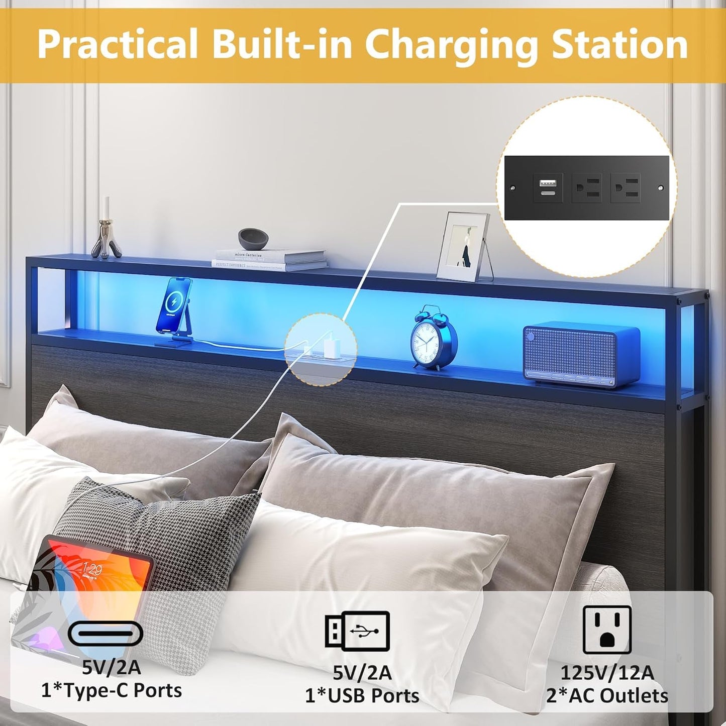 Queen Bed Frame with 2-Tier Storage Headboard, Metal Platform Bed Frame with 4 Storage Drawers, Built in Charging Station & LED, Noise-Free/Metal Support/No Box Spring Needed, Rustic Grey