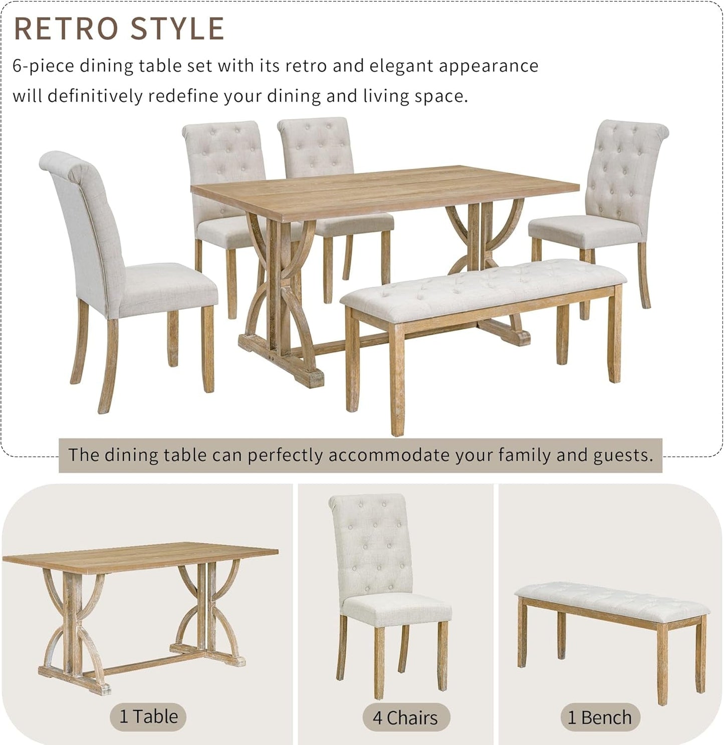 Solid Wood Kitchen Dining Room Table Set with Bench and Chairs for 6 Persons, Dining Table Set with with Rectangulars Table and Upholstered Seat, Natural Wood Wash