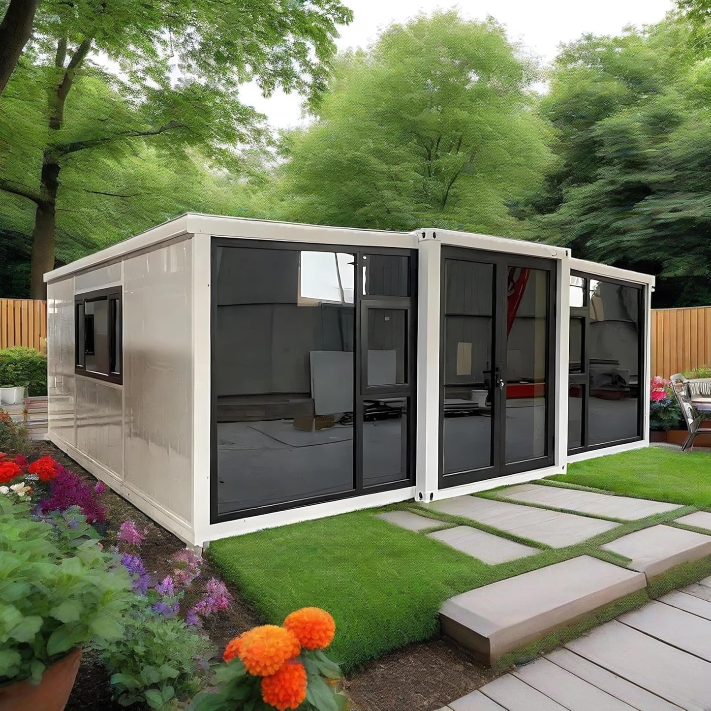 Modern Expandable Prefab Tiny Villa – 20Ft Foldable Container House with 2 Bedrooms,Fully Equipped Kitchen & Bathroom,Portable Prefabricated Modular Home for Family Living,Rental Cabin,Guest Suite