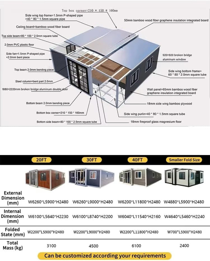 20FT Prefab Tiny Home for Sale Modern Modular Home Expandable Container House with 2 Bedrooms 1 Bathroom Customizable Prefabricated Tiny House for Living Office or Remote Areas