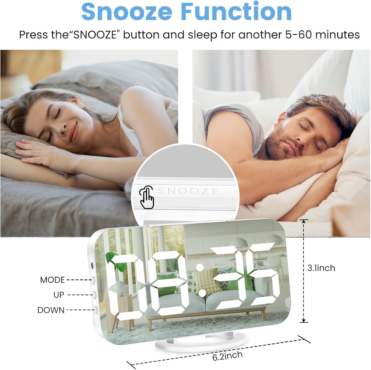Home Decor - Digital Alarm Clock,Large Display LED and Mirror Desk Clock with Dual USB Charger Ports, 3 Levels Brightness,12/24H Alarm Clocks, Modern Electronic Clock for Bedroom Living Room Office - White