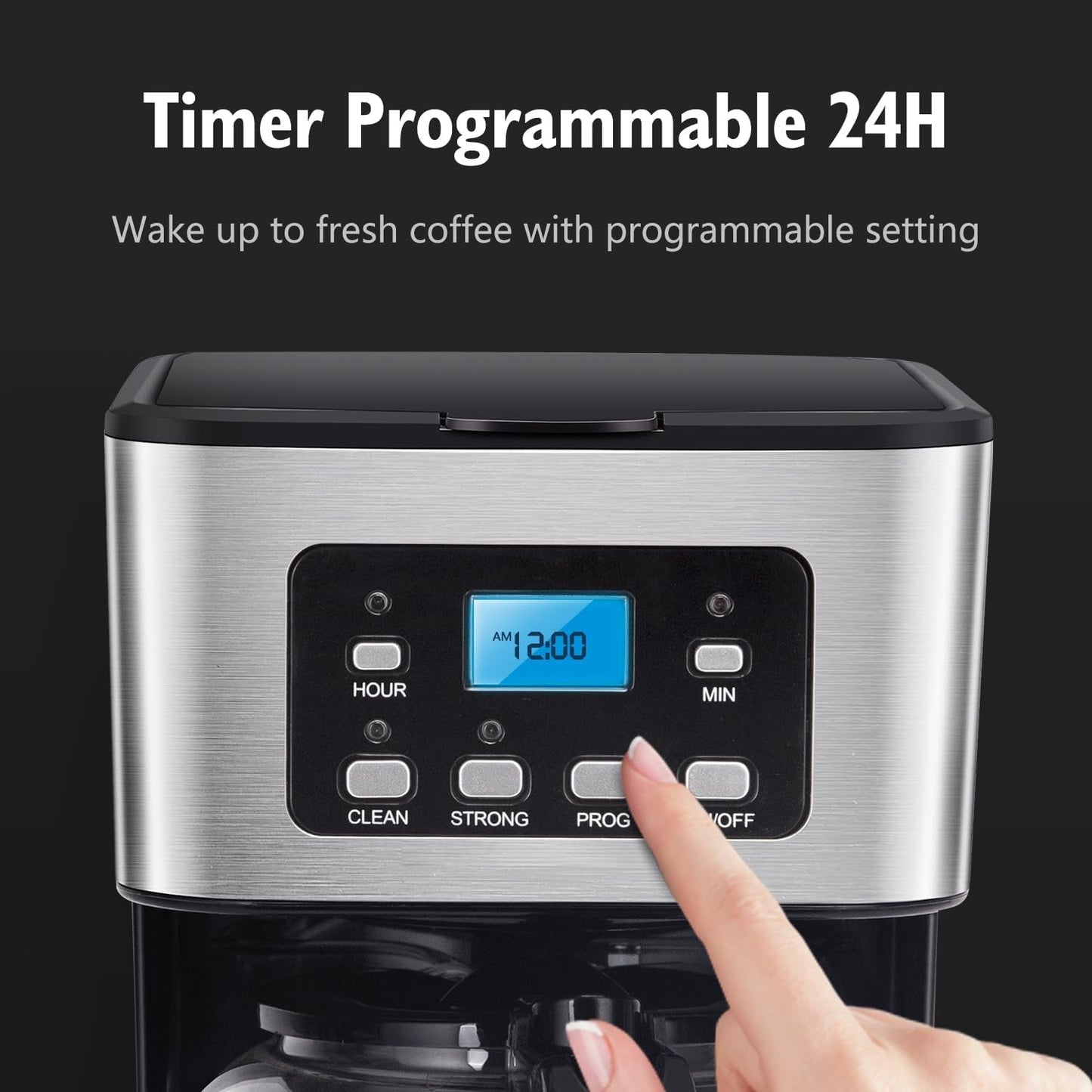 12-Cup Programmable Coffee Maker, Regular & Strong Brew Drip Coffee Machine for Home and Office, Glass Carafe, Pause & Serve, Auto Shut Off, Black & Stainless Steel