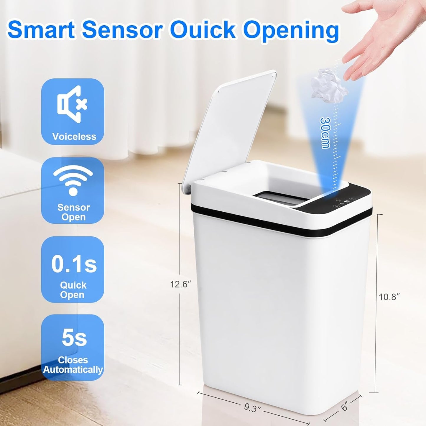 Bathroom Smart Touchless Trash Can 2.2 Gallon Automatic Motion Sensor Rubbish Can with Lid Electric Narrow Small Garbage Bin for Kitchen, Office, Living Room, Toilet, Bedroom, RV