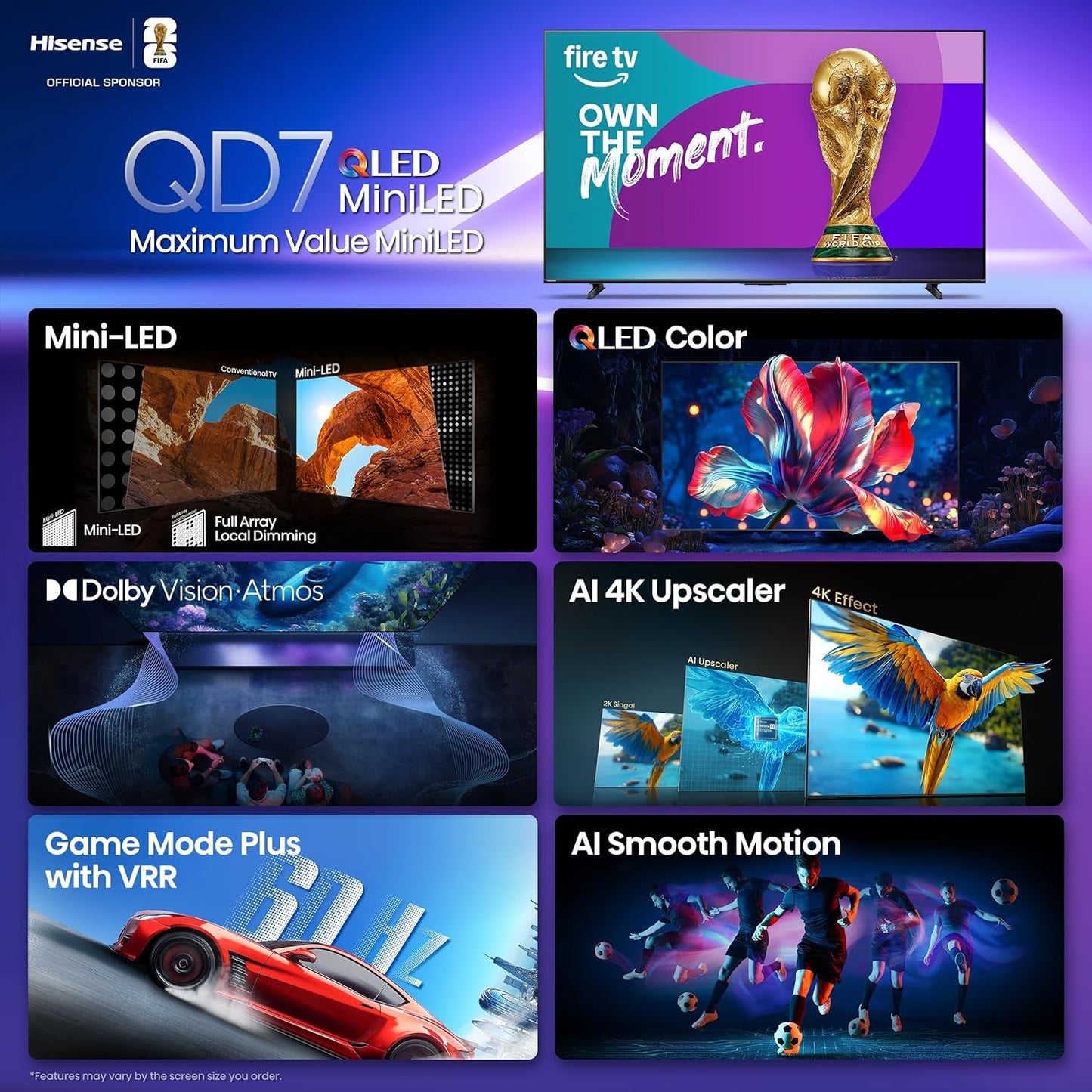 65" Class QD7 Series Mini-Led 4K UHD Smart Fire TV (65QD7QF, 2025 Model) - QLED, HDR10+, Dolby Vision, Dolby Atmos, Game Mode Plus, ALLM, Alexa Built in with Voice Remote, Streaming TV, Black