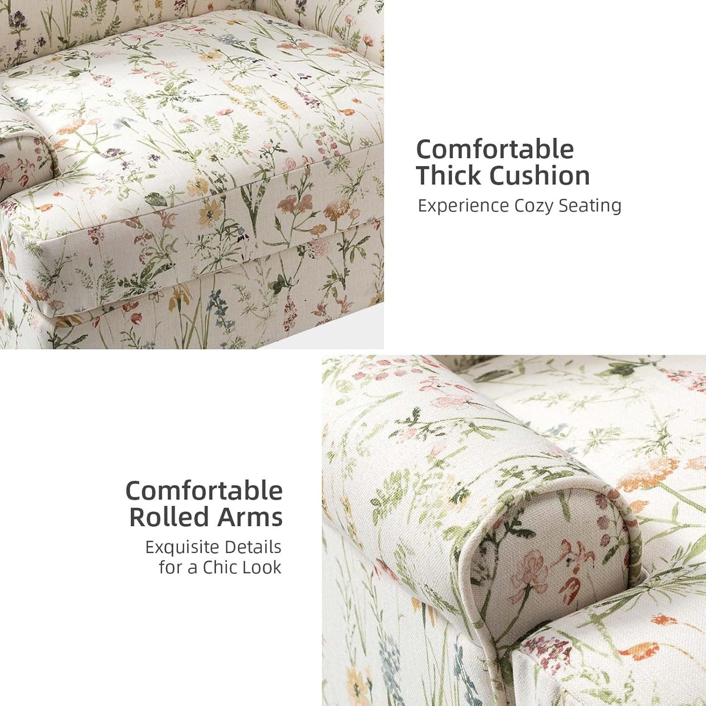 Accent Chair with Solid Legs & Removable Cushion, Floral Comfy Upholstered Armchair, Leisure Single Sofa Chair for Living Room/Bedroom, Spring
