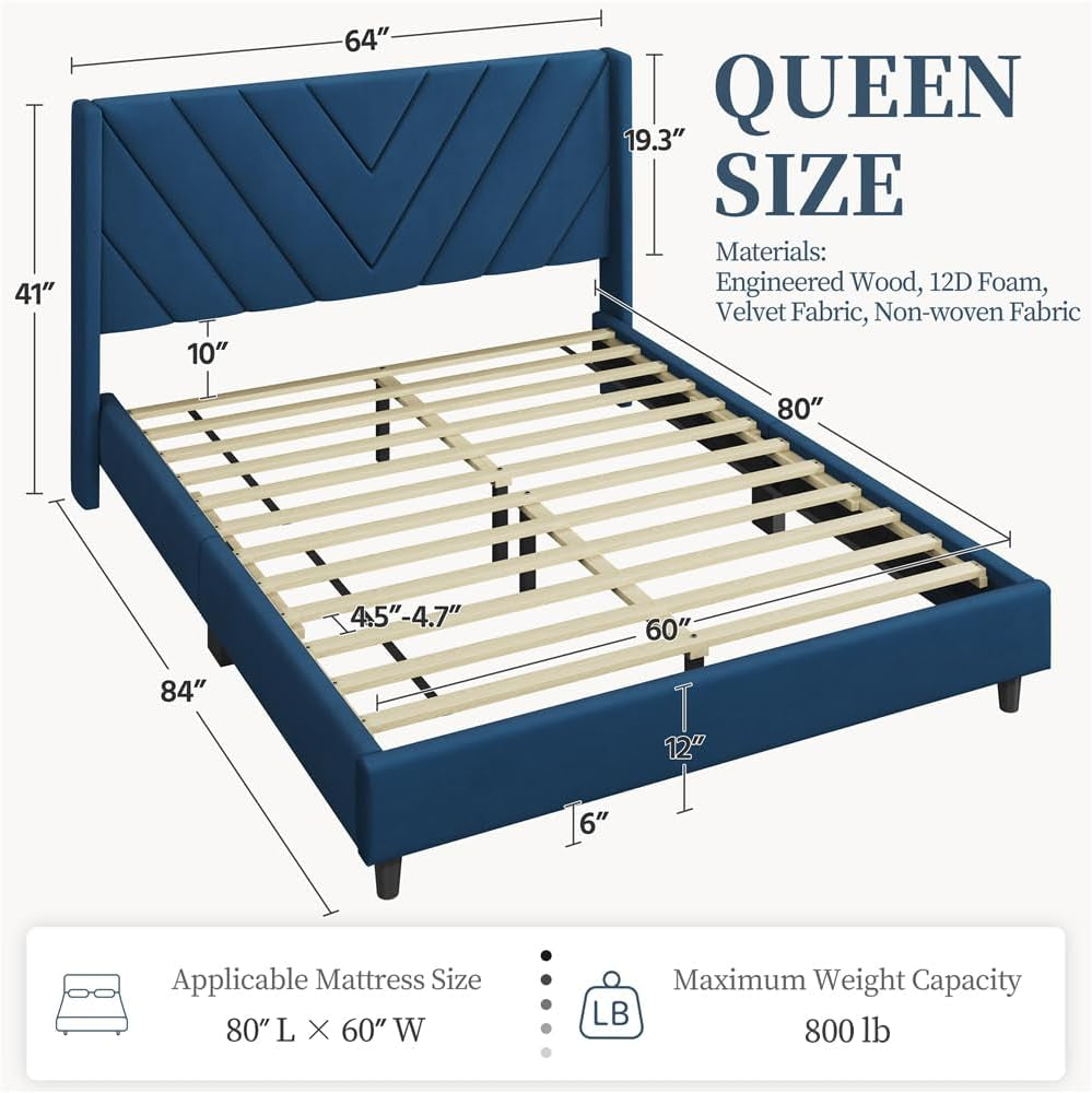 Queen Bed Frame Upholstered Platform Bed with Wing Side/Wooden Slat Support/Tufted Headboard with Wing Side/Mattress Foundation/No Box Spring Needed,Blue Queen Bed