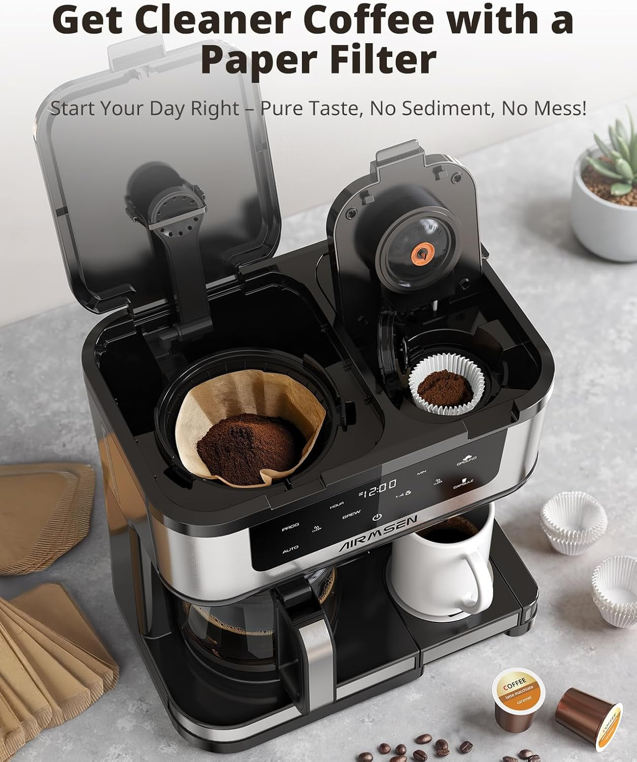 12-Cup Programmable Dual Coffee Maker – Single Serve Machine for K-Cup Pods & Ground, 1000W Fast Brew, Delay Start, 2H Keep Warm, Touchscreen, 60Oz Tank, Glass Carafe – Home & Office