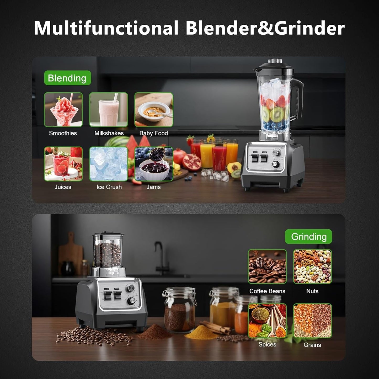 1800W Blender for Smoothies with 70Oz Pitcher & 20Oz Grinder 28000 PRM High-Speed Countertop Blenders for Kitchen 10-Speed & 1-5 Min Timer for Ice Crushing Frozen Fruits Nut Butter Puree