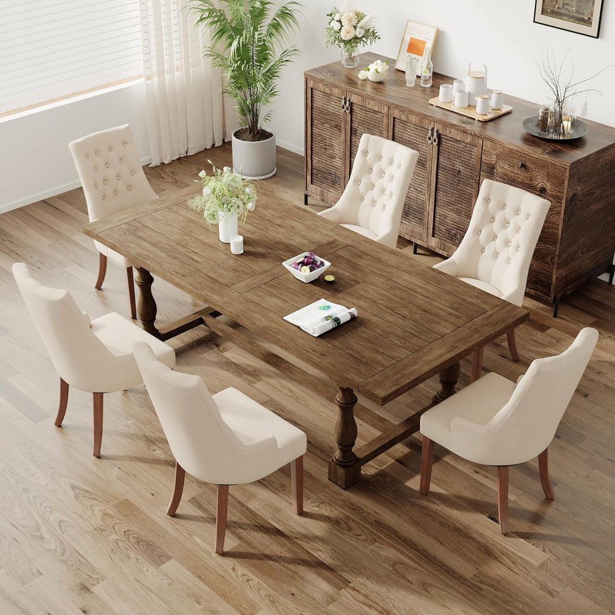 Fabric Side Dining Chairs Set of 6, Wingback Upholstered Dining Room Chairs with Tufted Button, Living Room Chairs for Home Kitchen, Beige
